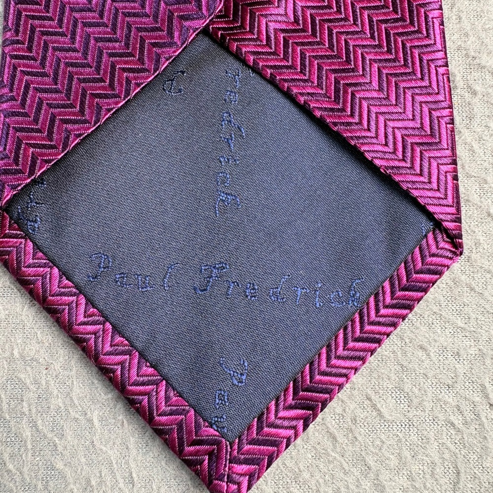 Paul Fredrick Mens Silk Necktie Magenta Pink Purple Chevron Herringbone Tie - Picture 5 of 8